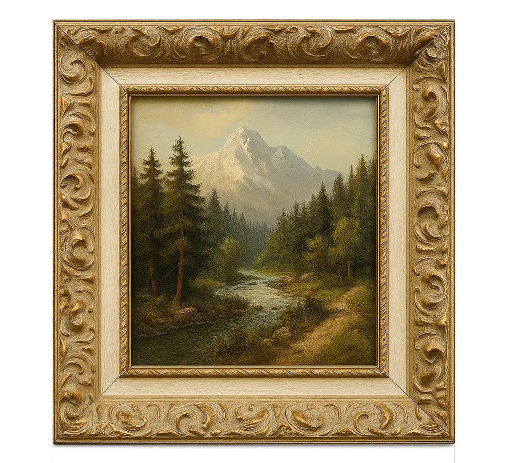 Painting of a mountain scene, with trees, river, and dirt path Approx. 20" x 24"