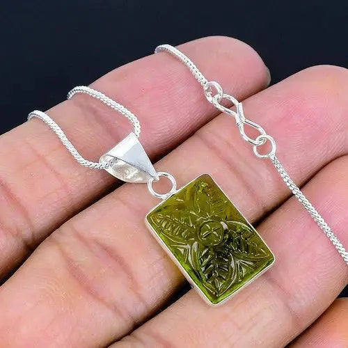 Peridot Carving 925 Silver Plated Handmade Necklace of 17"-18"Green ABC Jewelery