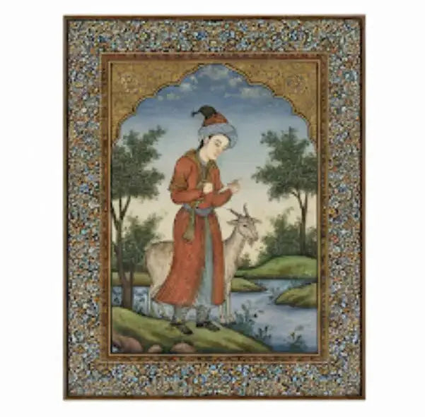 Persian Miniature Painting, A framed Persian painting depetting a serrone am serrancet set. Approx. 12" x 16"