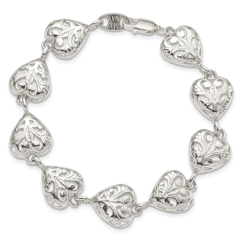Sterling Silver Fancy Filigree Heart 7 Inch Bracelet