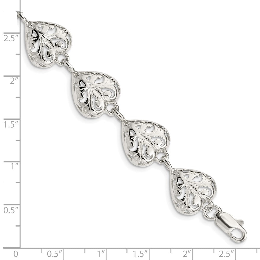 Sterling Silver Fancy Filigree Heart 7 Inch Bracelet