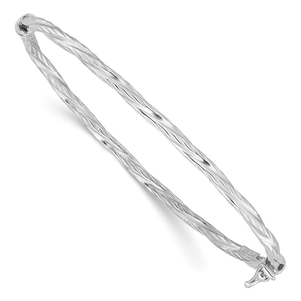 Sterling Silver Rhod-platd Textured 3mm Twisted Hinged Bangle