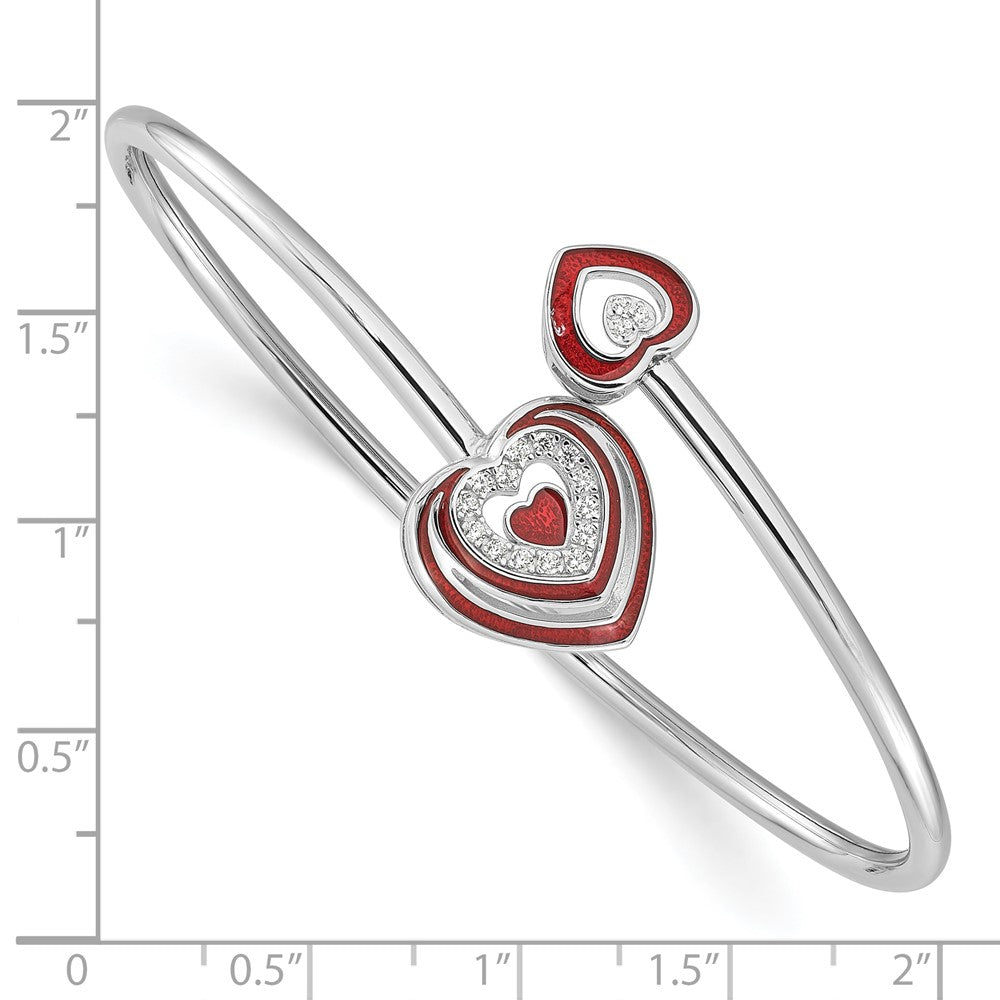 Sterling Silver Rh-plated CZ Red Enamel Heart Flexible Cuff Bangle Bracelet