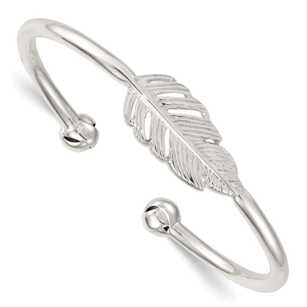 Sterling Silver Polished and Grooved Feather Cuff Bangle
