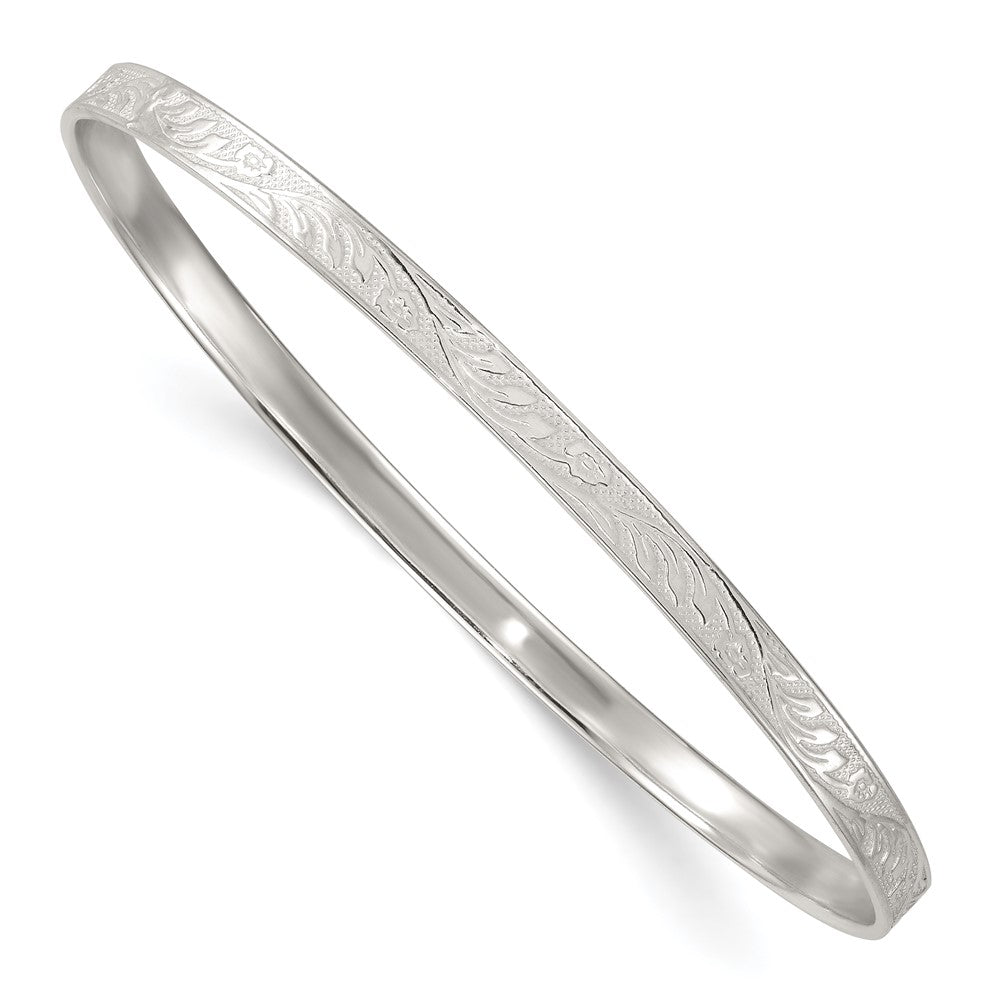 Sterling Silver Polished Flat Textured Floral Pattern 4.0mm Slip-on Bangle