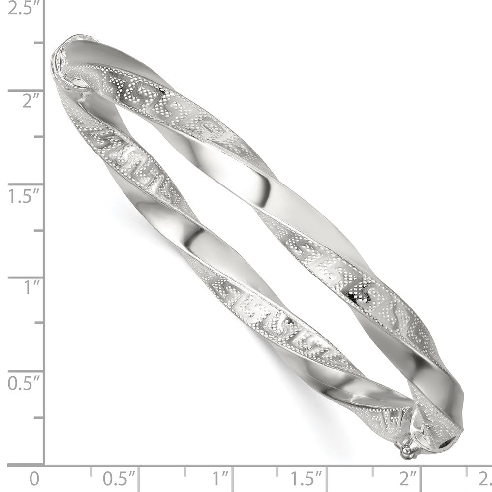 Sterling Silver Polished Twisted and Greek Key Hinged Bangle