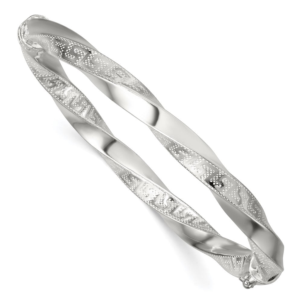 Sterling Silver Polished Twisted and Greek Key Hinged Bangle