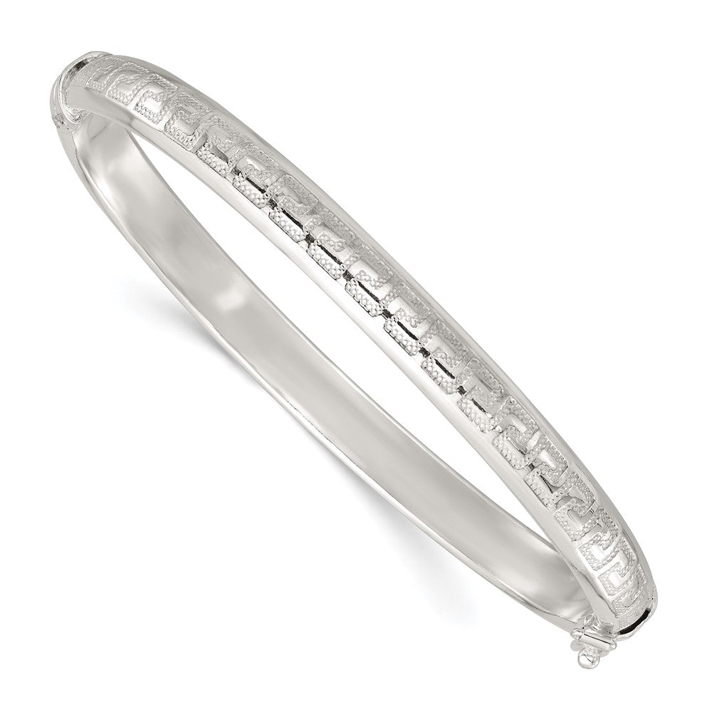 Sterling Silver Polished and Textured Greek Key Hinged Bangle