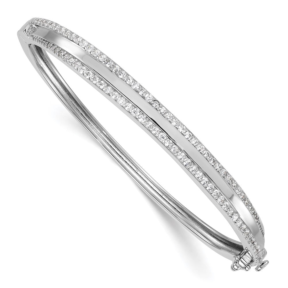 Sterling Silver Rhodium-plated Polished CZ Hinged Bangle