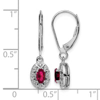 Sterling Silver Rhodium Plated Diamond and Created Ruby Leverback Earrings
