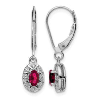 Sterling Silver Rhodium Plated Diamond and Created Ruby Leverback Earrings