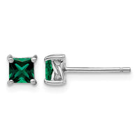 Sterling Silver Rhod-pltd 4mm Princess Created Emerald Post Earrings