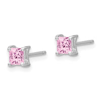 Sterling Silver Rhod-pltd 4mm Princess Cr. Pink Sapphire Post Earrings