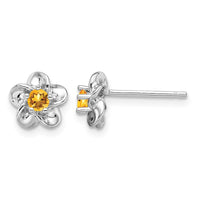 Sterling Silver Rhodium-plated Floral Citrine Post Earrings