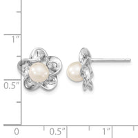 Sterling Silver Rhodium-plated Floral FWC Pearl Post Earrings