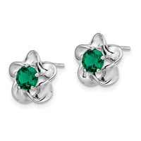 Sterling Silver Rhodium-plated Floral Created Emerald Post Earrings