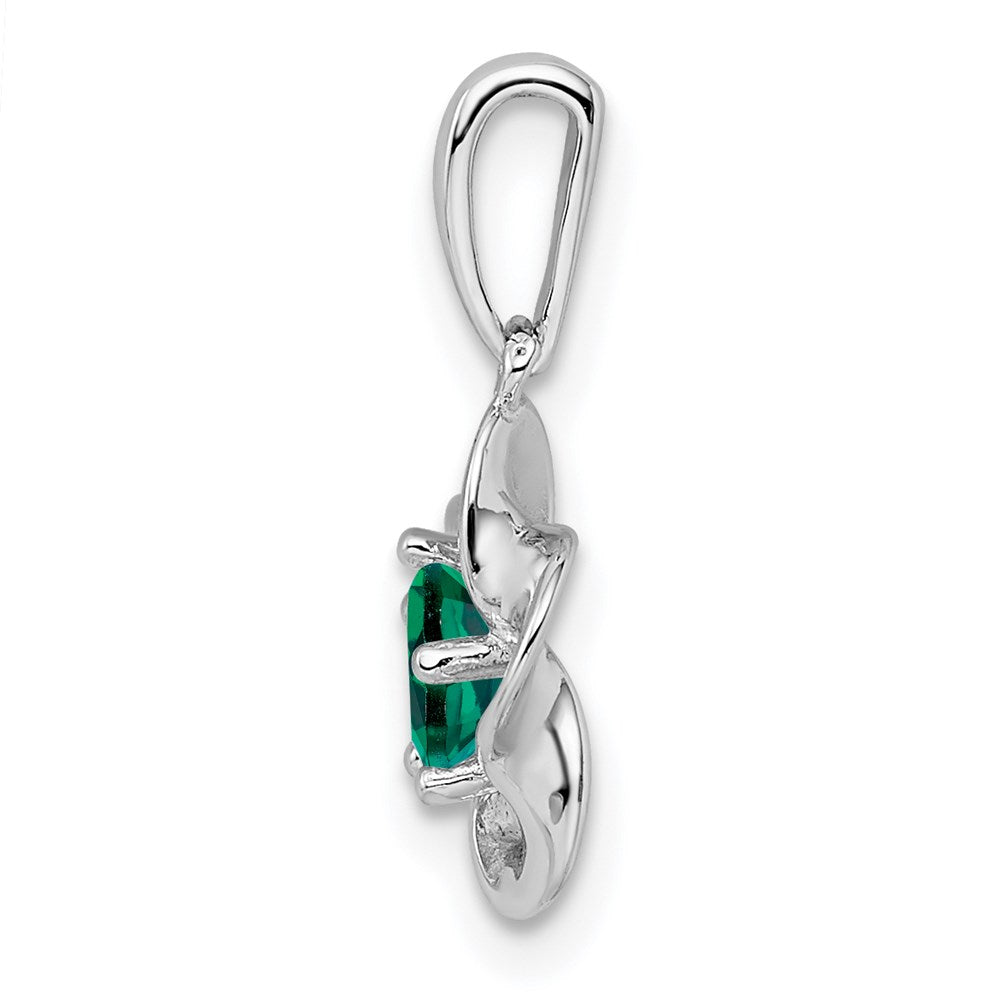 Sterling Silver Rhodium-plated Floral Created Emerald Pendant