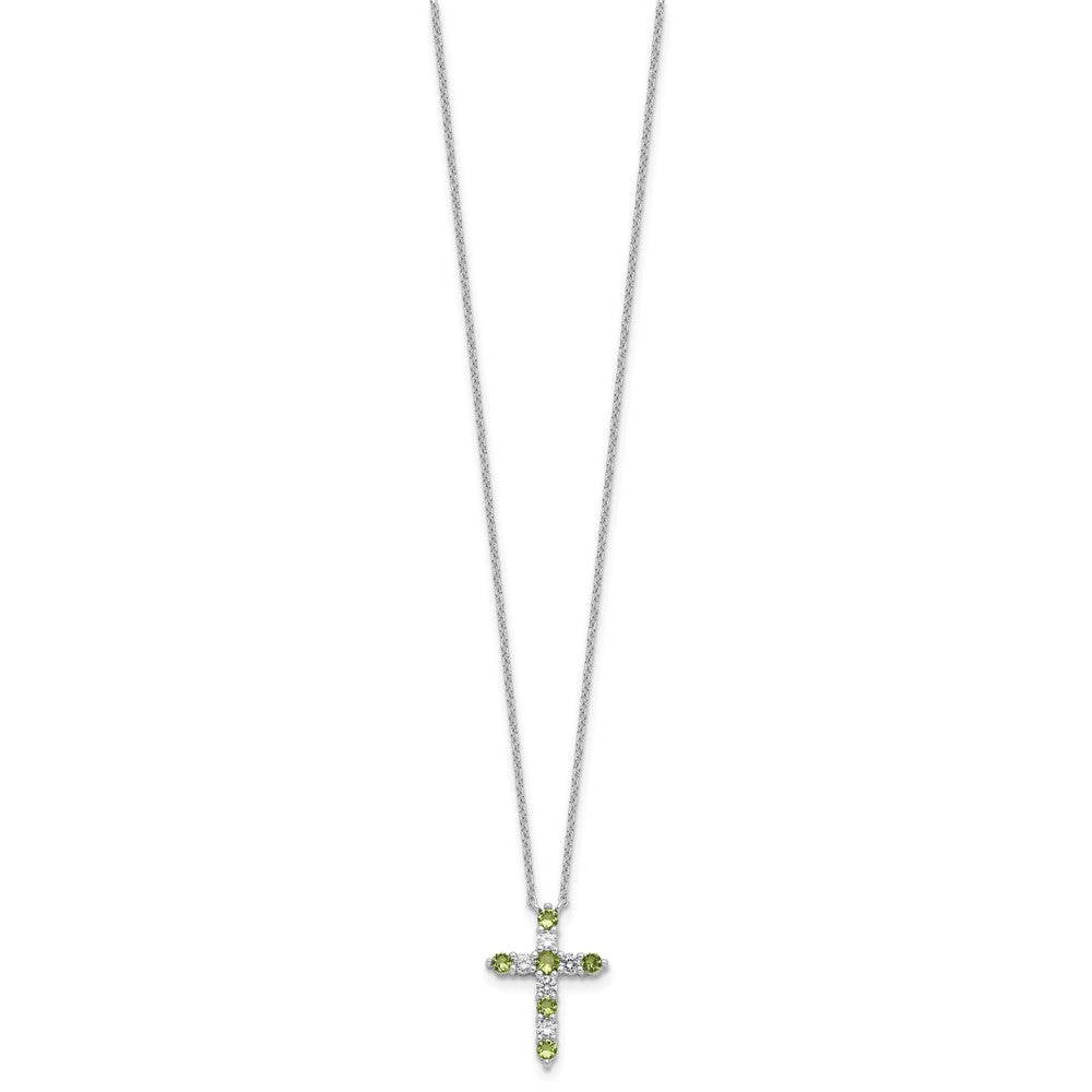 SS Rhodium-plated Green CZ August Birthstone Cross w/2in ext Necklace