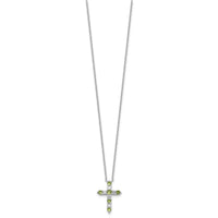 SS Rhodium-plated Green CZ August Birthstone Cross w/2in ext Necklace