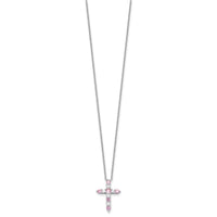 SS Rhodium-plated Pink CZ October Birthstone Cross w/2in ext Necklace
