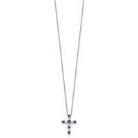SS Rhodium-plated Dark Blue CZ Sept Birthstone Cross w/2in ext Necklace