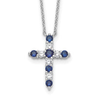 SS Rhodium-plated Dark Blue CZ Sept Birthstone Cross w/2in ext Necklace