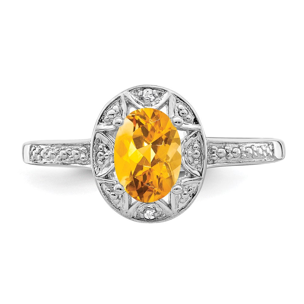 Sterling Silver Rhodium-plated Diam. & Citrine Ring