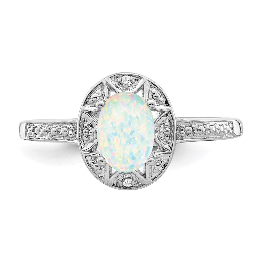 Sterling Silver Rhodium-plated Diam. & Created Opal Ring