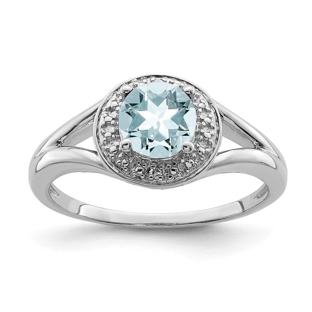 Sterling Silver Rhodium-plated Diam. & Aquamarine Ring