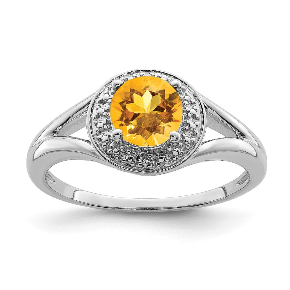 Sterling Silver Rhodium-plated Diam. & Citrine Ring