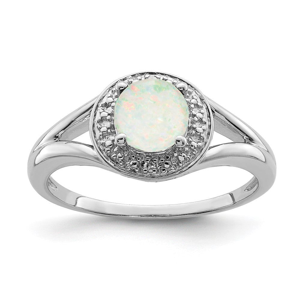Sterling Silver Rhodium-plated Diam. & Created Opal Ring