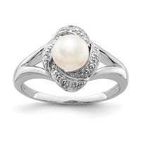 Sterling Silver Rhodium-plated Diam. & FW Cultured Pearl Ring