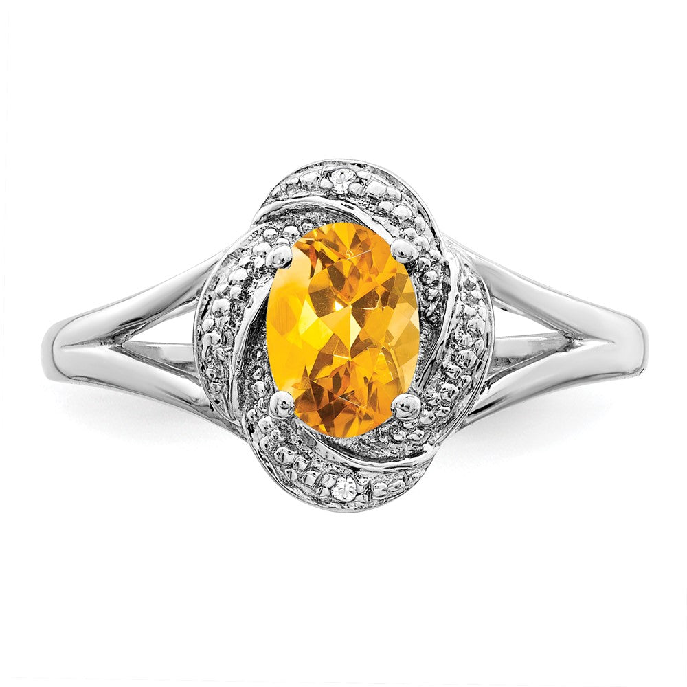 Sterling Silver Rhodium-plated Diam. & Citrine Ring