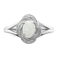 Sterling Silver Rhodium-plated Diam. & Created Opal Ring