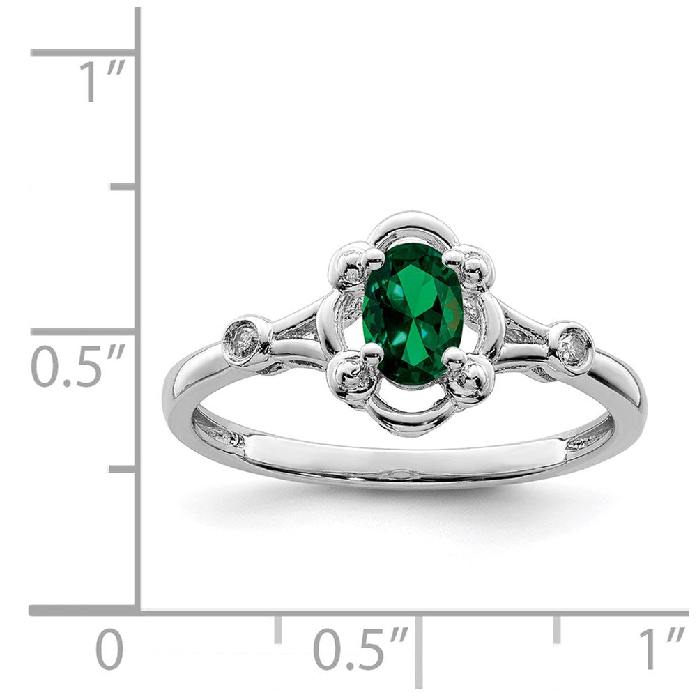 Sterling Silver Rhodium-plated Created Emerald & Diam. Ring
