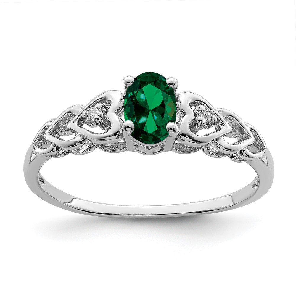Sterling Silver Rhodium-plated Created Emerald & Diam. Ring