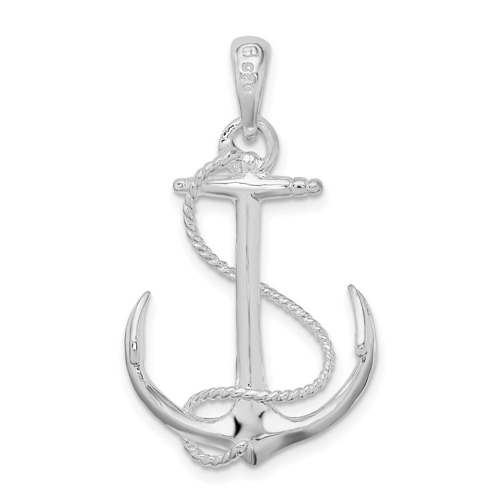 Sterling Silver Rhodium-plated Polished 3D Anchor w/Rope Pendant