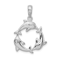 Sterling Silver Rhodium-plated Polished 3 Dolphin Circle Pendant