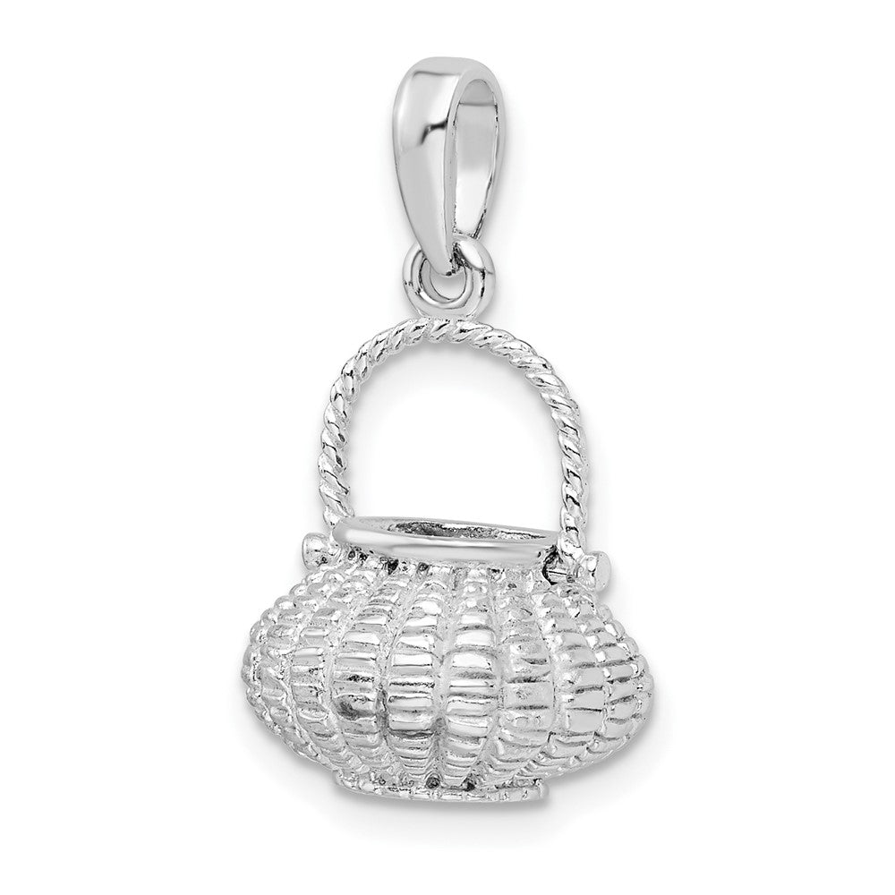 Sterling Silver Rhod-plated 3D Flower Basket Moveable Handle Pendant