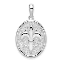 Sterling Silver Rhod-plated Polished/Textured Fleur de Lis Oval Pendant