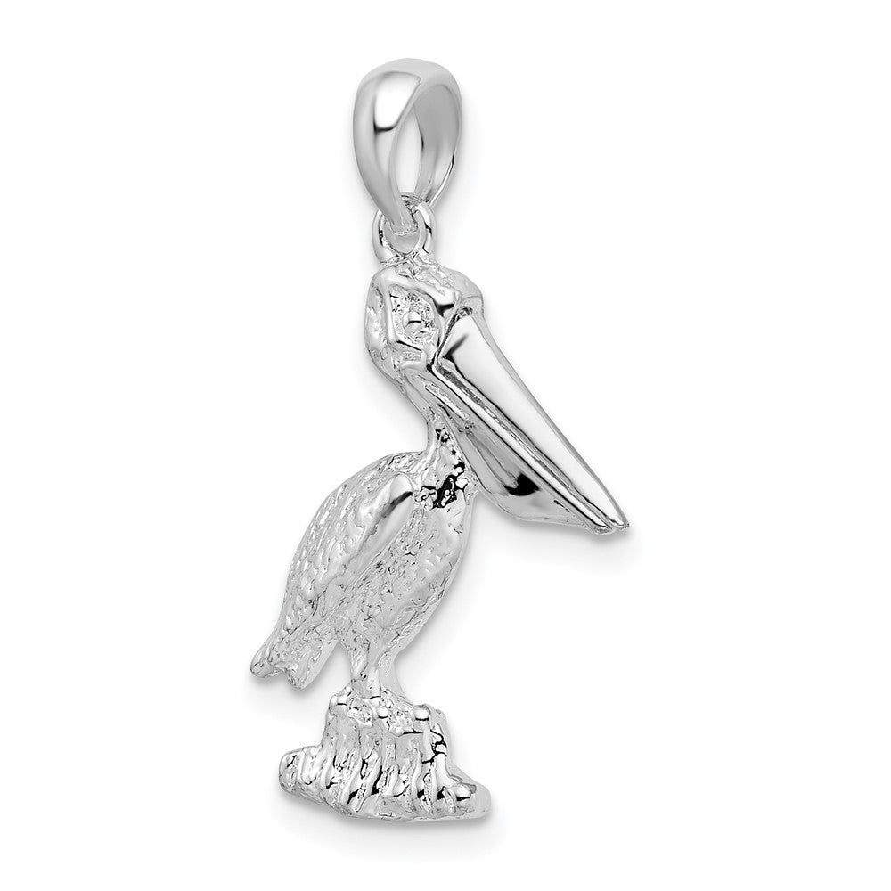 Sterling Silver Rhod-plated 3D Standing Moveable Mouth Pelican Pendant