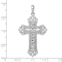 Sterling Silver Rhod-plated Diamond-cut Filigree Fleur de Lis Cross Pendant