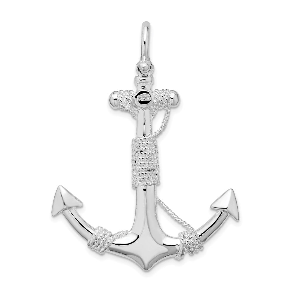 Sterling Silver Rhodium-plated Polished Anchor w/Rope Pendant
