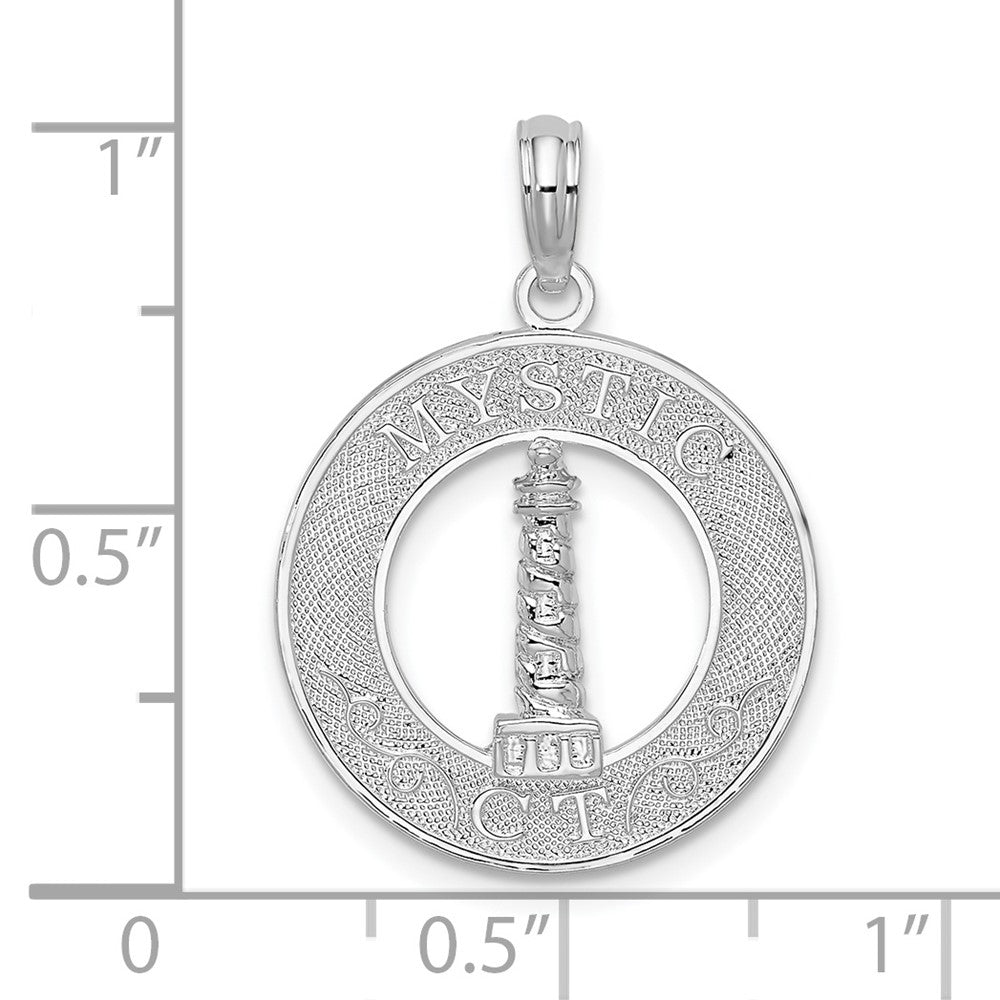 Sterling Silver Rhodium-plated Mystic, CT Circle w/Lighthouse Pendant