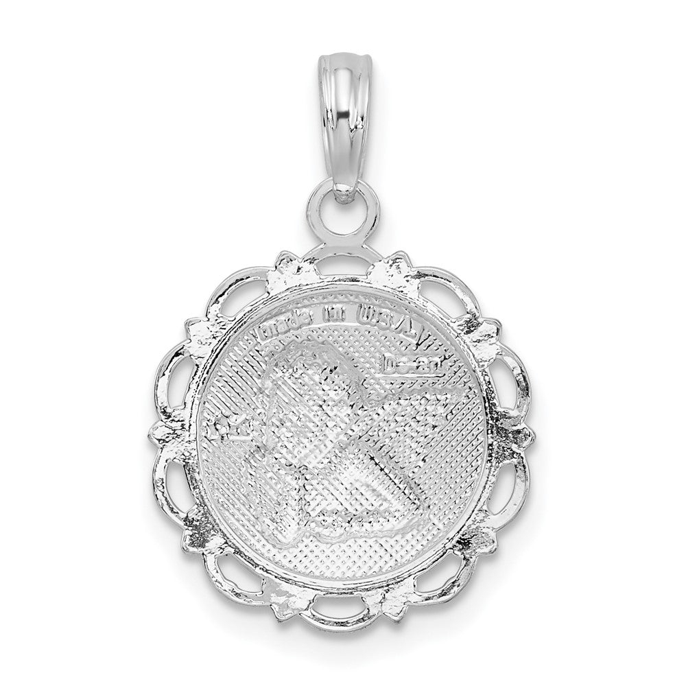 Sterling Silver Rhodium-plated Polished Scalloped Edge Angel Pendant