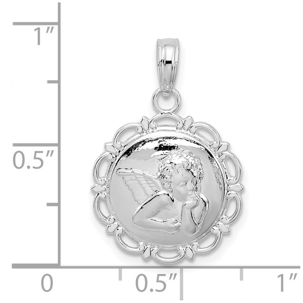 Sterling Silver Rhodium-plated Polished Scalloped Edge Angel Pendant