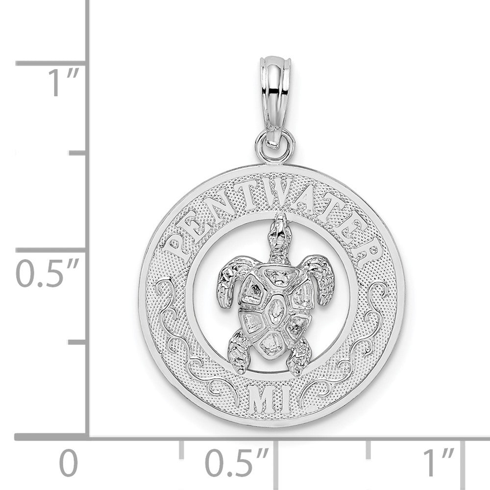 Sterling Silver Rhodium-plated Pentwater, MI Circle w/Turtle Pendant