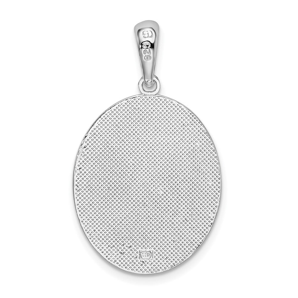 Sterling Silver Rhod-plated Textured Flamingos w/Palm Tree Oval Pendant