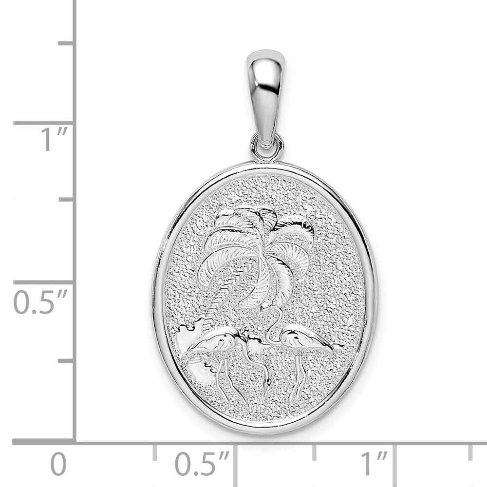Sterling Silver Rhod-plated Textured Flamingos w/Palm Tree Oval Pendant