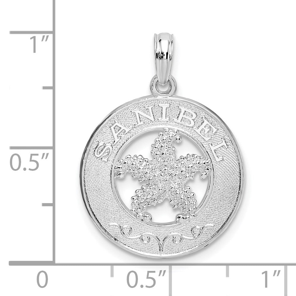 Sterling Silver Rhodium-plated Polished Sanibel Circle w/Starfish Pendant